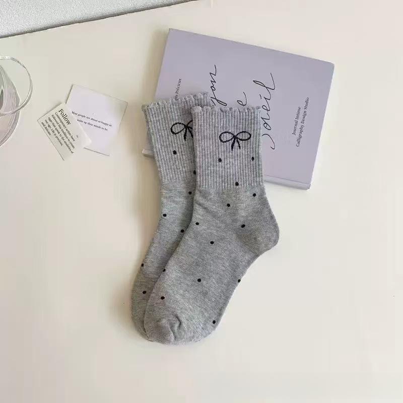 Ladies Spring and Autumn Warm Fashion Polka Dot Bow Lace Stretch Tube Socks