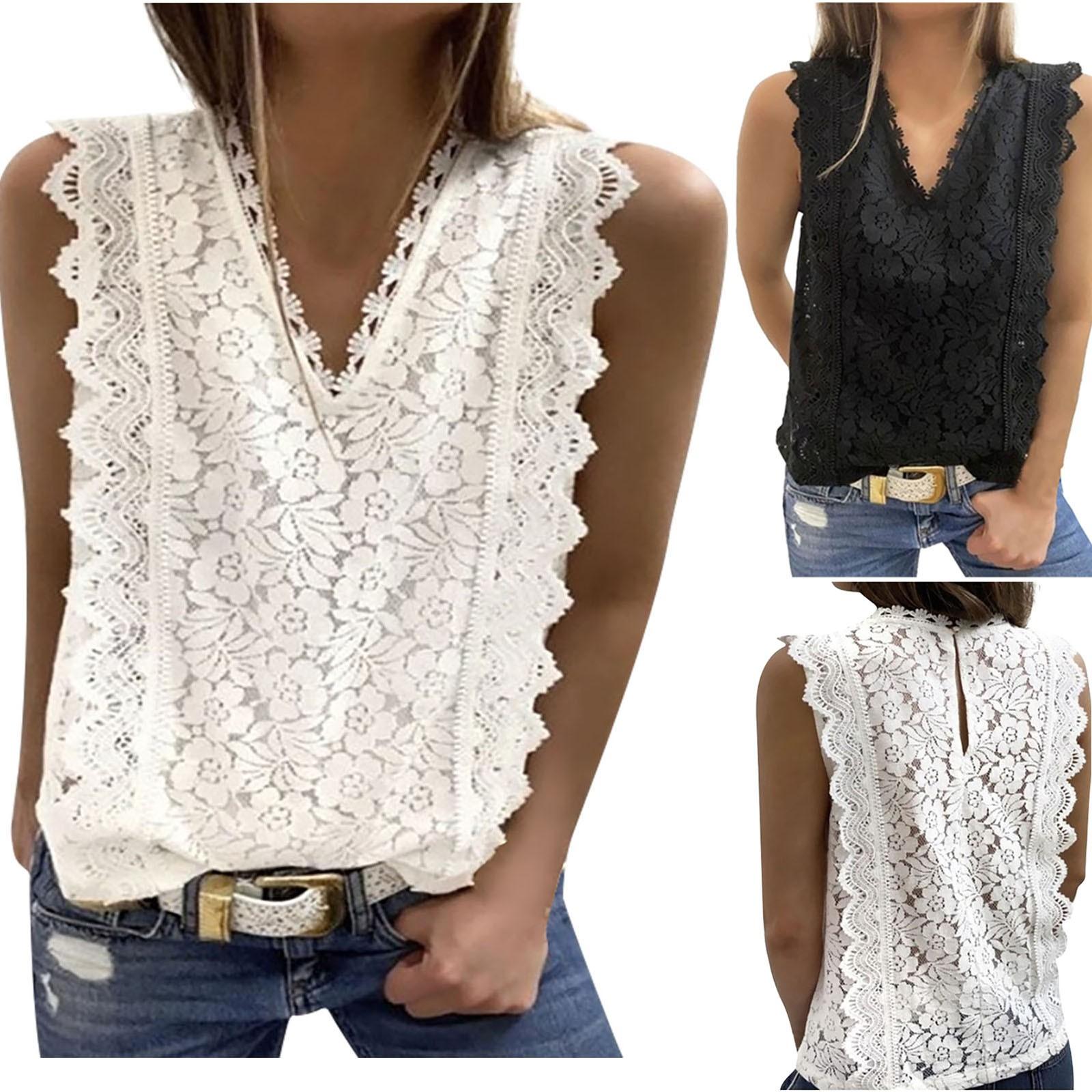 

Women Fashion Sexy Lace Sleeveless Shirt Hollow Party V-Neck Shirt Top Shirt