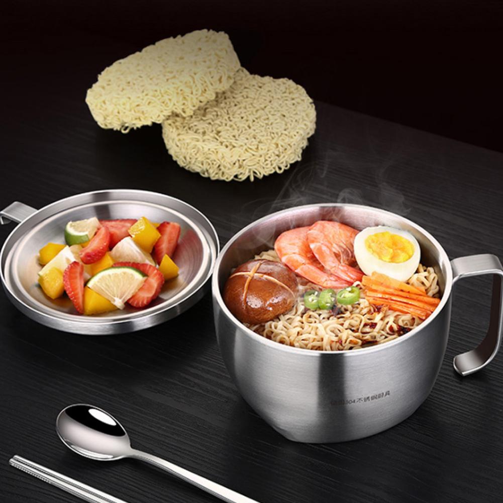 Stainless Steel Instant Noodles Soup Bowl Food Container with Lid Handle for Home Dormitory Use