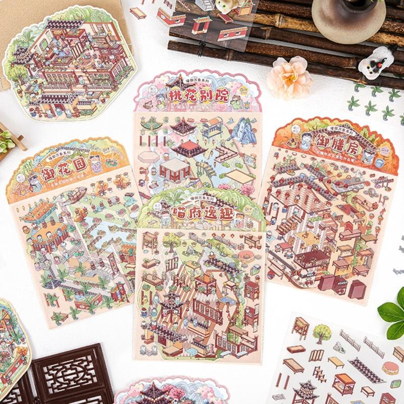3D Szenenaufkleber Chinesischer Stil Landschaftsaufkleber Katzenhütte Handkontoaufkleber Etiketten Journaling-Zubehör