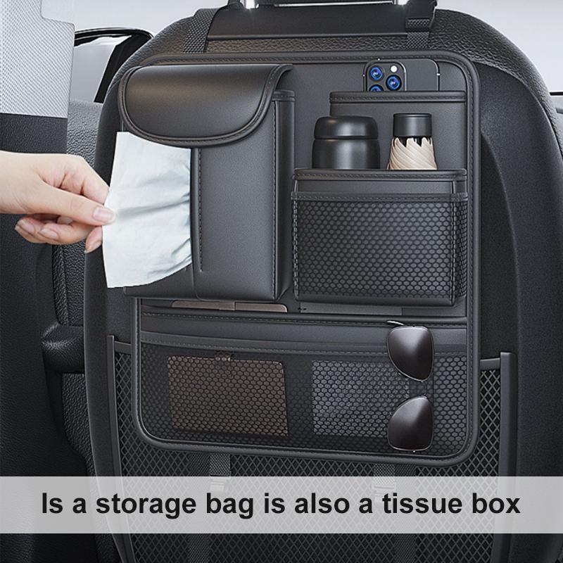 Seametal Car Seat Back Organizer Rear Row Storage Bag With Elastic Band Nappa Leather Multi Pocket Anti Kick Pad Seat Protector