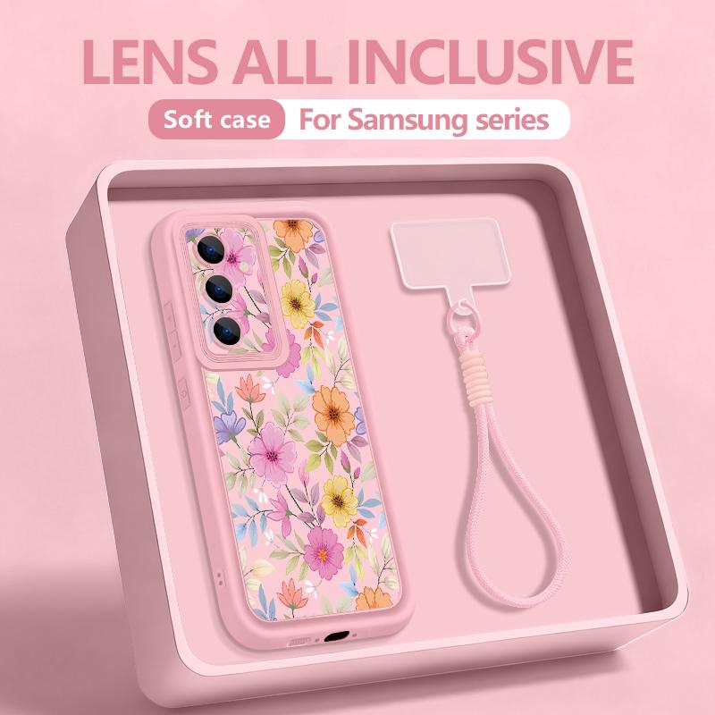 Flowers Patterned Phone Case For Samsung Galaxy S26 S25 S24 Ultra S23 S25 FE A57 A37 A17 A56 A16 A55 A54 A15 Wrist Lanyard Cover