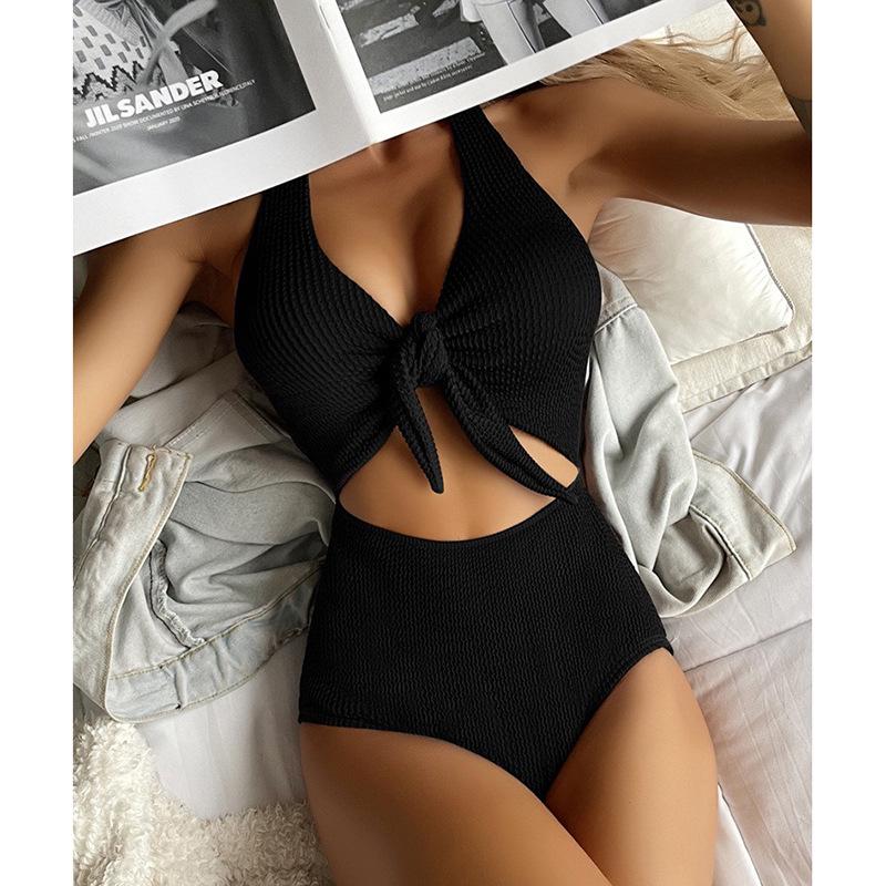 2025 European & American Backless Lace-Up One-Piece Swimsuit: Women's High-Waist Solid Color Sexy Beach Swimwear