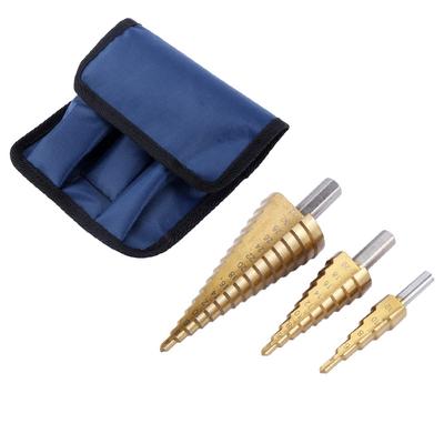 Set di 3 Punte coniche a gradini in Acciaio HSS Taglierino per Fori Borsa portaoggetti Blu