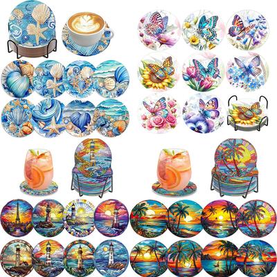 Juego de 8 posavasos con diseño de conchas de playa pintadas con diamantes y soportes para principiantes y adultos, suministros de arte y manualidades, regalos