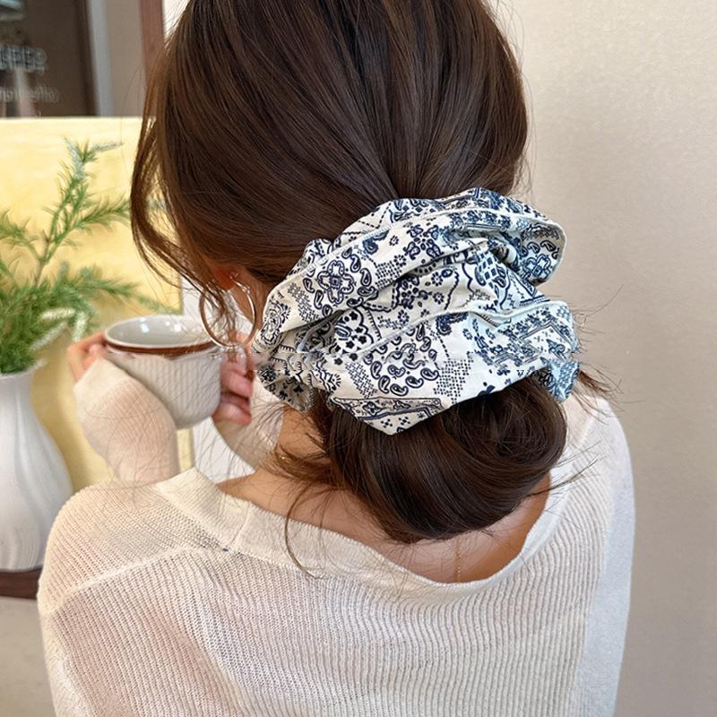 Fabric retro literary printing large intestine hair band fashionable versatile design hair rope large tied hair lazy hair accessories