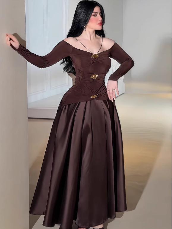 2025 Autumn European & American One-Shoulder Solid Color Long Dress for Women