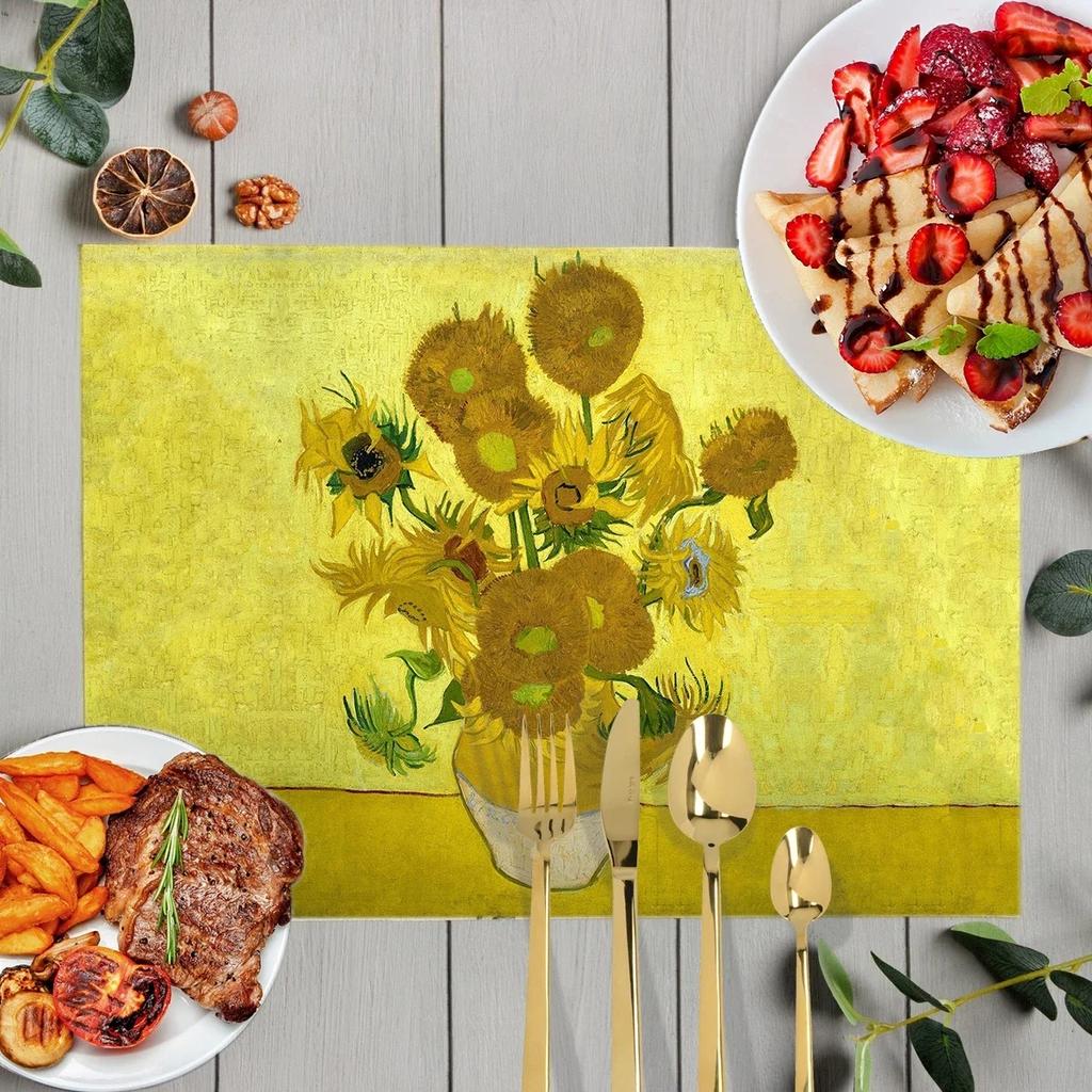 Oil Painting Art Placemat Van Gogh Sunflower Countryside Style Printed Dining Table Tableware Insulation Mat Home Decoration
