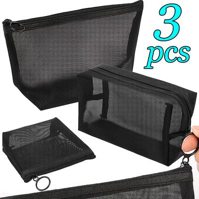 3PCS Black Women's Cosmetic Bag Mesh Storage Organizer for Cosmetics Pencil Case Travel Girl Brush Toilet Makeup Pouch Case