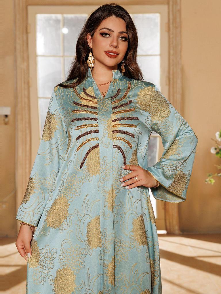 AB402 V-Neck Jacquard Beaded Dubai Dress - Women's Middle Eastern Muslim Robe
