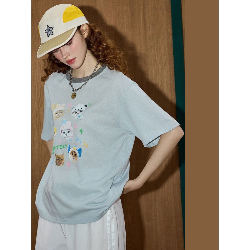 Coolhut Cartoon Cute Kitten Print Letter College Style Loose and Cute 2025 Summer Women's T-Shirt Short Sleeves