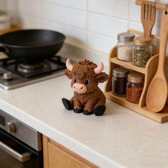 Mini Niedliche Hochlandrind Figur 3D Gedruckt Cartoon Sitzendes Rind Statue Sammler Tier Ornament für Zuhause Büro Schreibtisch Regal Dekor