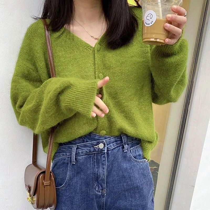 Cardigan tricotat cu decolteu în V la modă de toamnă pentru femei, verde, cu mânecă lungă, pulovere cu un singur piept Tricoturi casual pentru femei