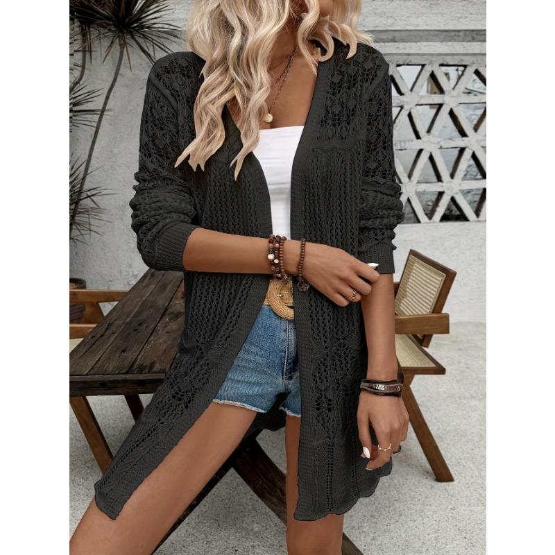 Women s White Crochet Knit Long Sleeve Open-Front Cardigan Cover-Up S