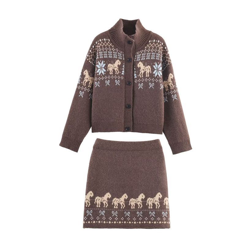 

Осень Новая женская одежда 2025 Мода в западном стиле Контрастный цвет Жаккардовый вязаный свитер Кардиган Комплекты юбок Curry color L