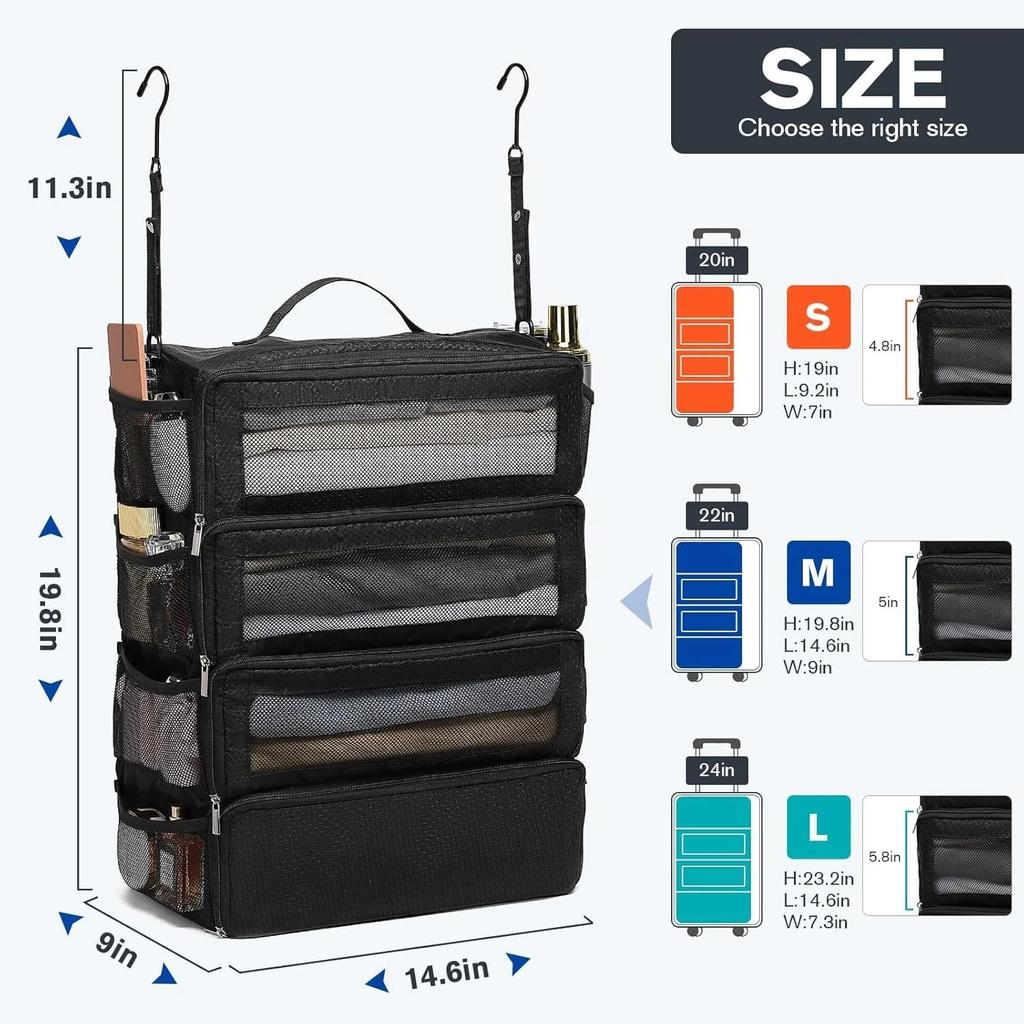 High-capacity Suitcase Organizer Travel Luggage Organizer Hanging Shelve Packing Cube Closet Collapsible Hanging Storage Bags