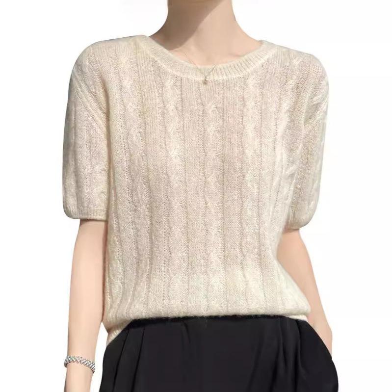 Women's 35% Cashmere Cable Knit Sweater, Round Neck, Short Sleeve, Commuter Style