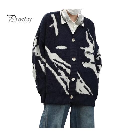 

Мужской кардиган, свитер в стиле ретро, американский стиль, V-образный вырез, свободный однобортный, контрастного цвета, вязаный свитер, пальто, уличная куртка в стиле хип-хоп M темно-синий