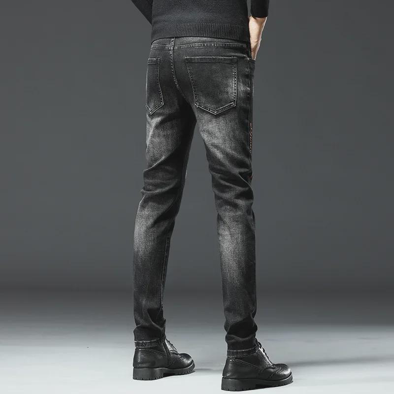 Trendy European Men's Black Slim Fit Skinny Jeans with Calf Embroidery