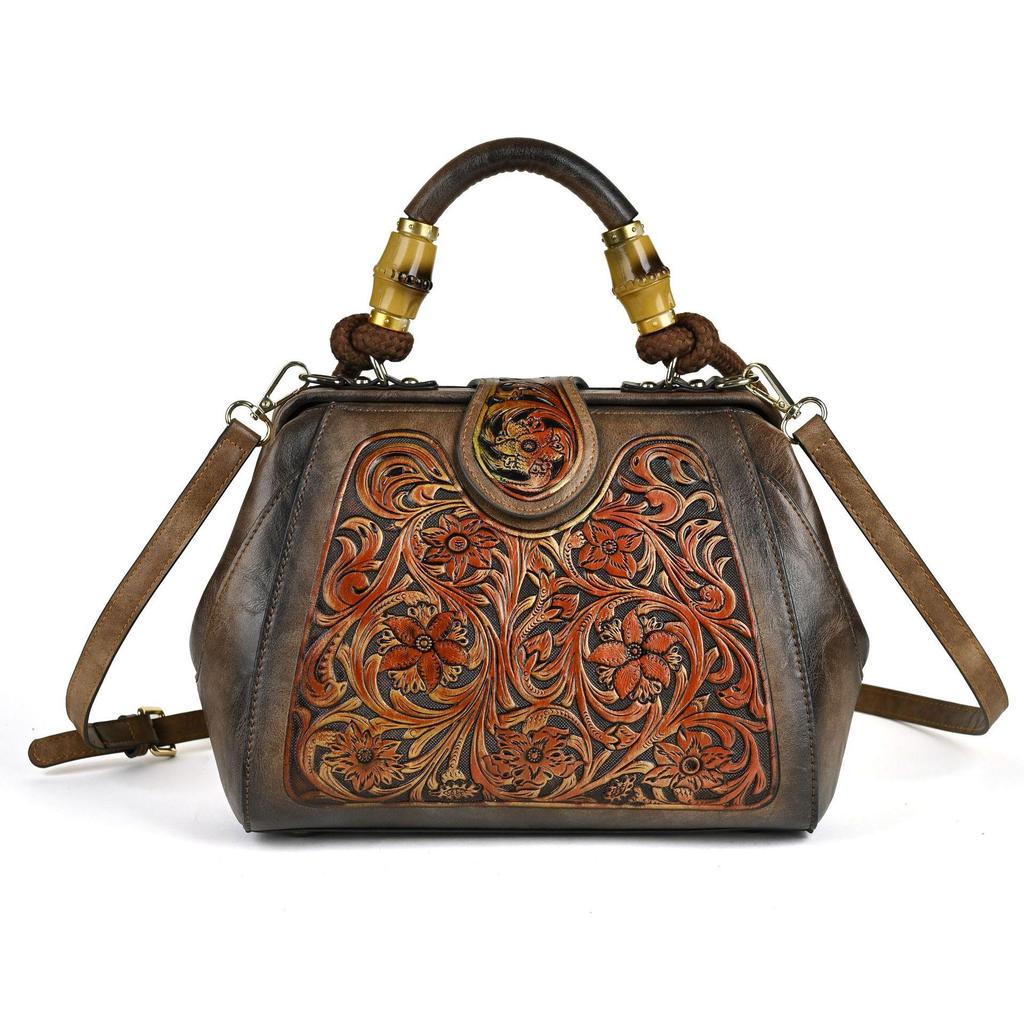 Johnature Luxury Handbag Vintage Handmade Leather Carved Women Bag Versatile Female Shoulder & Crossbody Bags