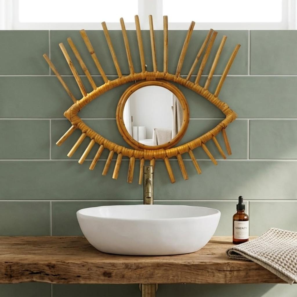 Handcrafted Eye Shape Rattan Wall Mirror | Boho Wall Mirror | Wooden Frame Wall Hanging for Living Room, Bedroom, Entryway 42 x 3 x 40 cm