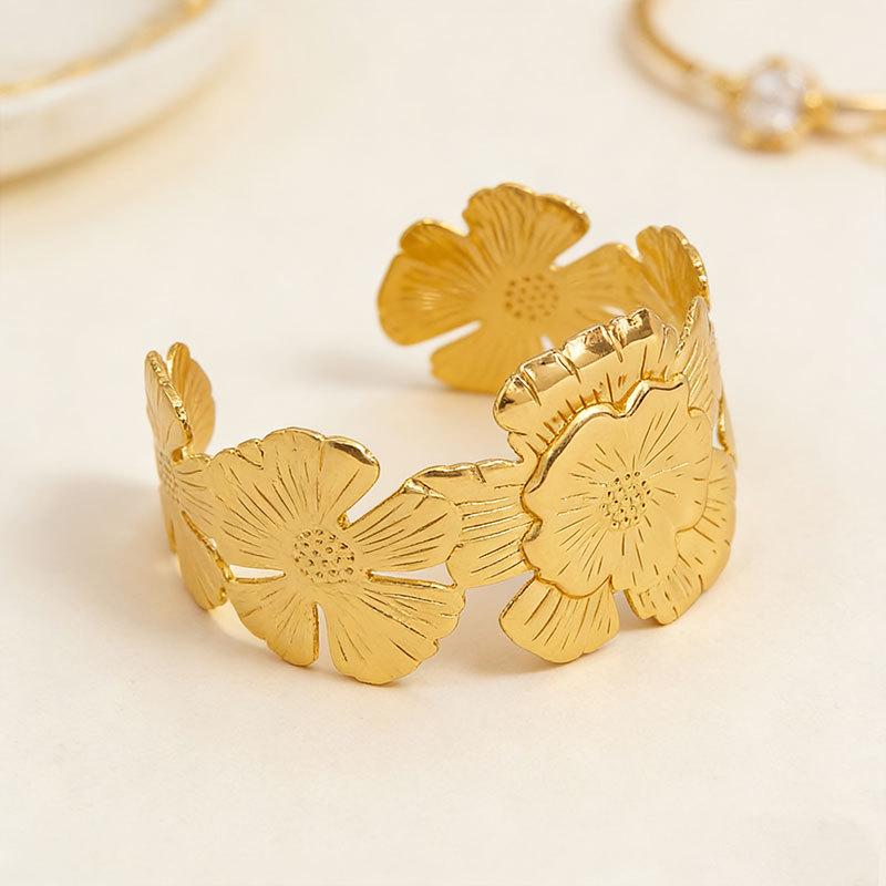 Gold Metal Open Bangle with Large Floral Design - High-End Women's Statement Jewelry