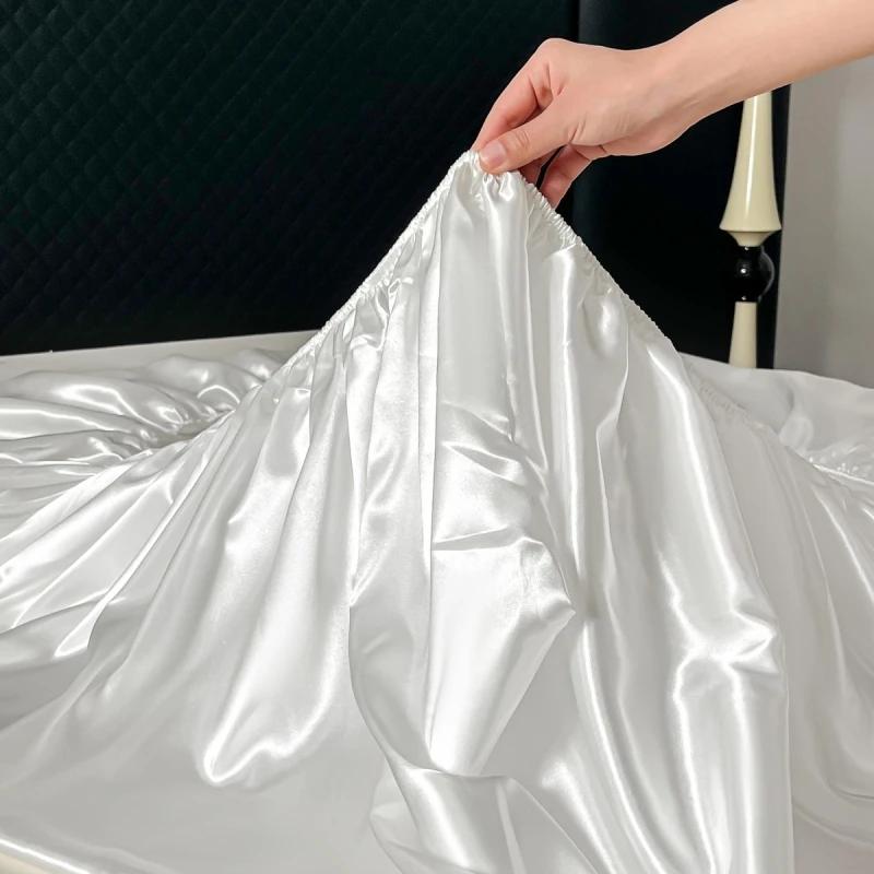 3PCS/1 Set Luxury Satin Fitted Sheet Set Satin Elastic  Silk Bed Cover Sheet Solid Mattress Cover 1 Bed Sheet with 2 Pillow Cover