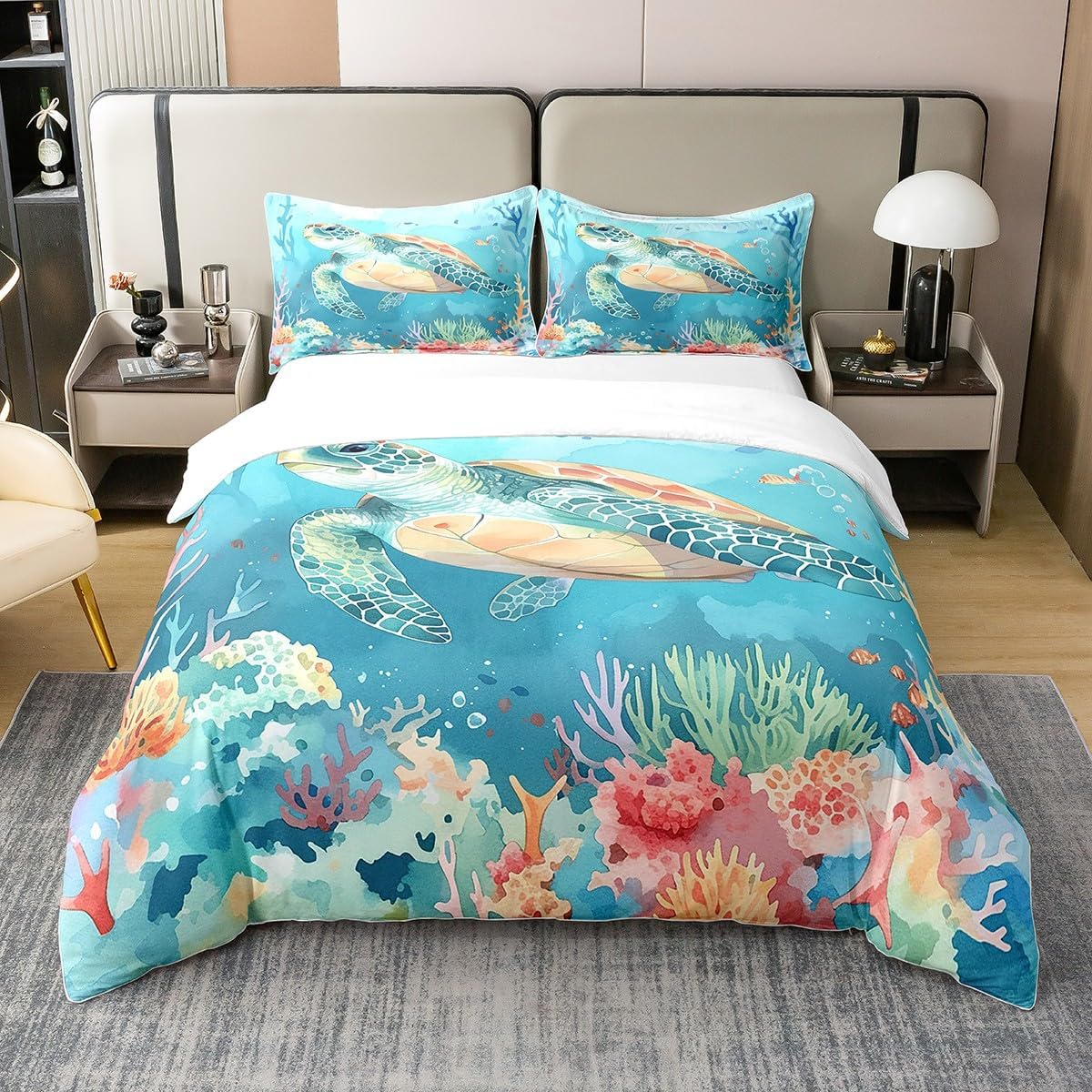 

Turtle Bedding Set Microfiber Teen Bedding Light Blue Cute 3D Set for Small Double 3Pcs, Turtle Duvet Cover Set with Zipper 90x200cm-2pcs