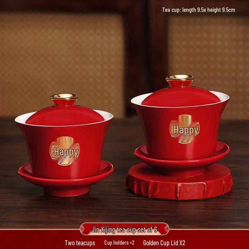 Red Festive Gaiwan and Chopsticks Wedding Tea Set - Pair of Bowls for Sons and Grandsons