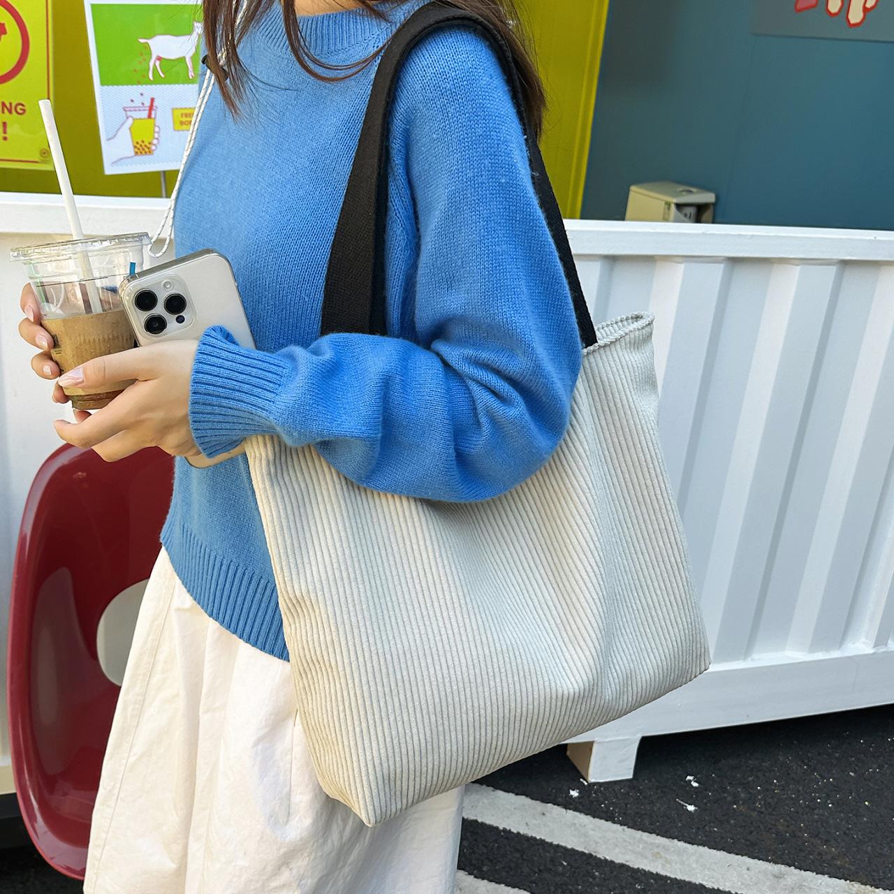 The Bags Family Women's Green Corduroy Striped Tote Bag Large Capacity Shoulder Bag High Sense Lazy Commuter Bag Underarm Bag