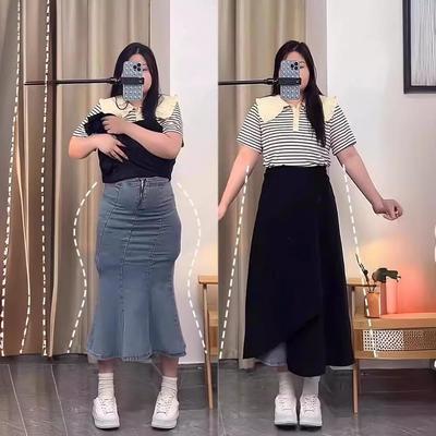 Women's Plus Size High-Waist Slimming Black Midi Skirt with Slit - Autumn 2024 Collection