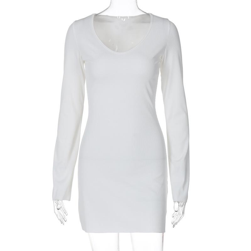 Summer New Solid Color Fashion Long-sleeved Waist Dress