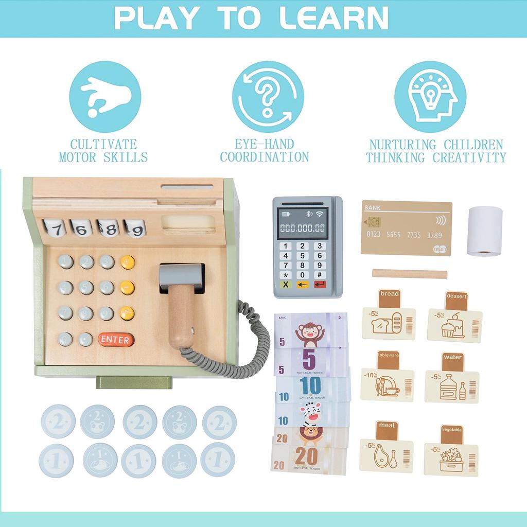 Children's Wooden Cash Register Educational Puzzle Playset