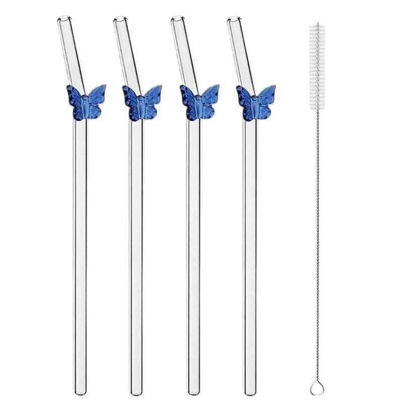 4Pcs Butterfly Straw Pretty Reusable Glass Tube Dishwasher Safety Durable Straws For Smoothie Cocktail Juice Smoothie Drinks