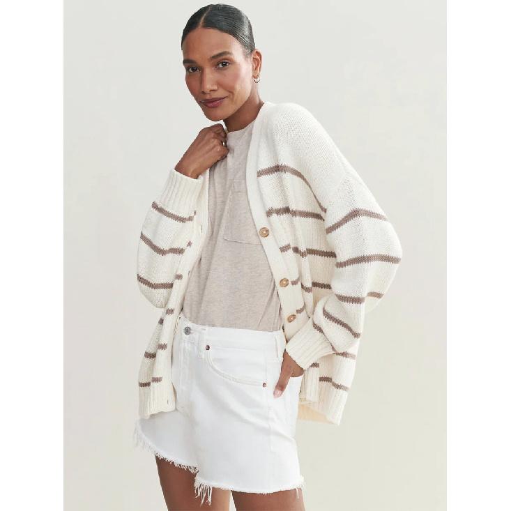 Women'S Striped Knit Cardigan V-Neck Cotton Thickened Warm Loose Fit Autumn Winter Sweater