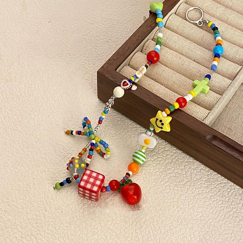Acrylic rice bead square bow apple star pendant necklace niche fashion light luxury versatile exquisite necklace