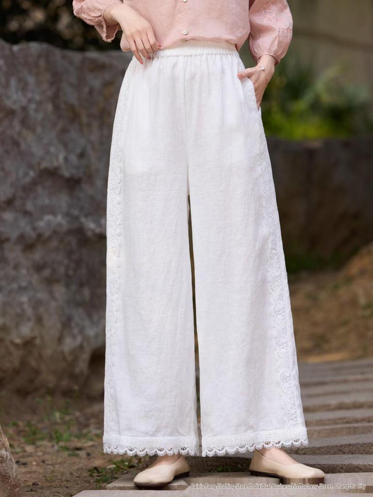 Women's Retro Wide-Leg Linen Pants - Elastic Waist, Lace Tie, Solid Color, Loose Fit