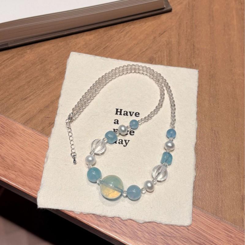 Handmade Natural Aquamarine Clear Quartz Choker Necklace Women Stylish Layering Jewelry