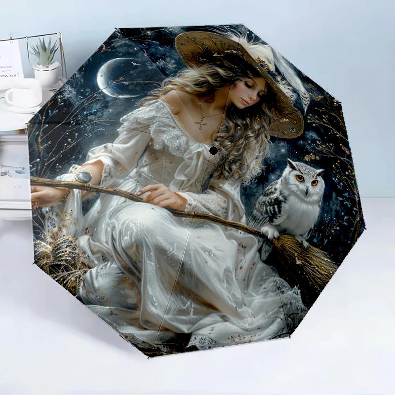 Witch Flying Through Starry Sky 8-Frame for Travel, camping, Casual Lightweight Portable Umbrella, Essential for every family Holidays Birthday Gift