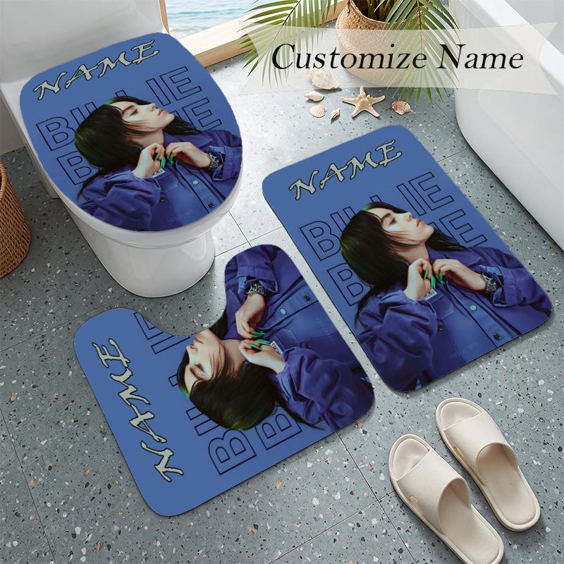 Billie eilish (5) Custom name Flannel Toilet 3 Piece Set Soft Bathroom Rug Toilet Seat Cover for Bathroom Home Decor