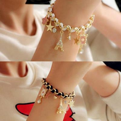 E053 European & American Braided Leather Bracelet with Iron Tower, Star, and Flower Charms