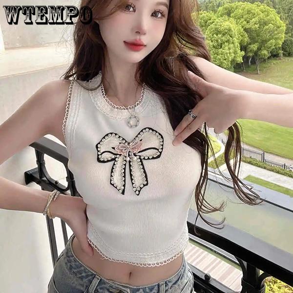WTEMPO Elegante bestickte Schleife Strass Tanktops Damen Frühling Sommer Übergröße Schwarz Weiß Ärmellose Tops