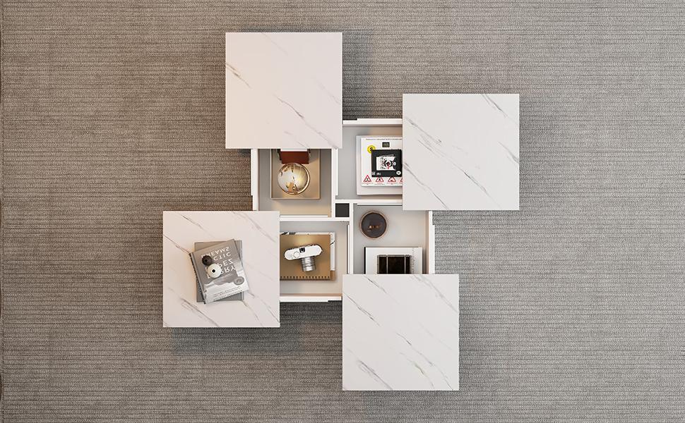 Table Basse Carrée Blanche Moderne Aspect Marbre, 90 x 90 x 25 cm – Quatre Tiroirs, Plateau Coulissant, Capacité de Charge jusqu'à 30 kg