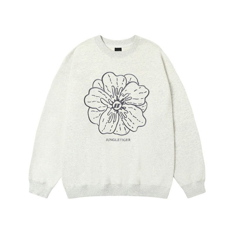 Jungle Tiger Floral Embroidery Heavyweight Pink Sweatshirt for Women, High Street Fashion Brand, Loose Casual Crew Neck Pullover Top for Men