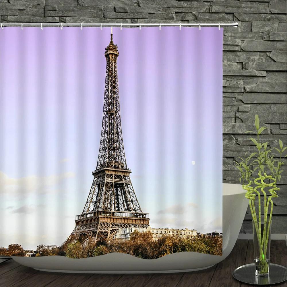 Eiffel Tower Paris Scenery Shower Curtain Vintage Scenery Cherry Blossom Butterfly Polyester Fabric Bath Curtains Bathroom Decor