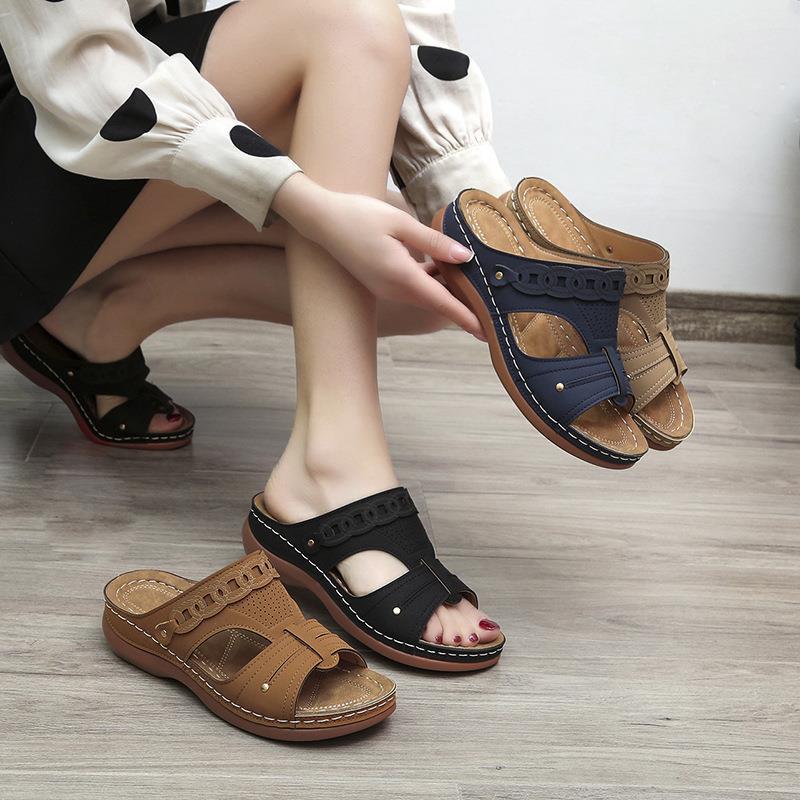 South East Asia new slope heel open-toed fish mouth slippers women's retro hollow thick-bottomed beach sandals