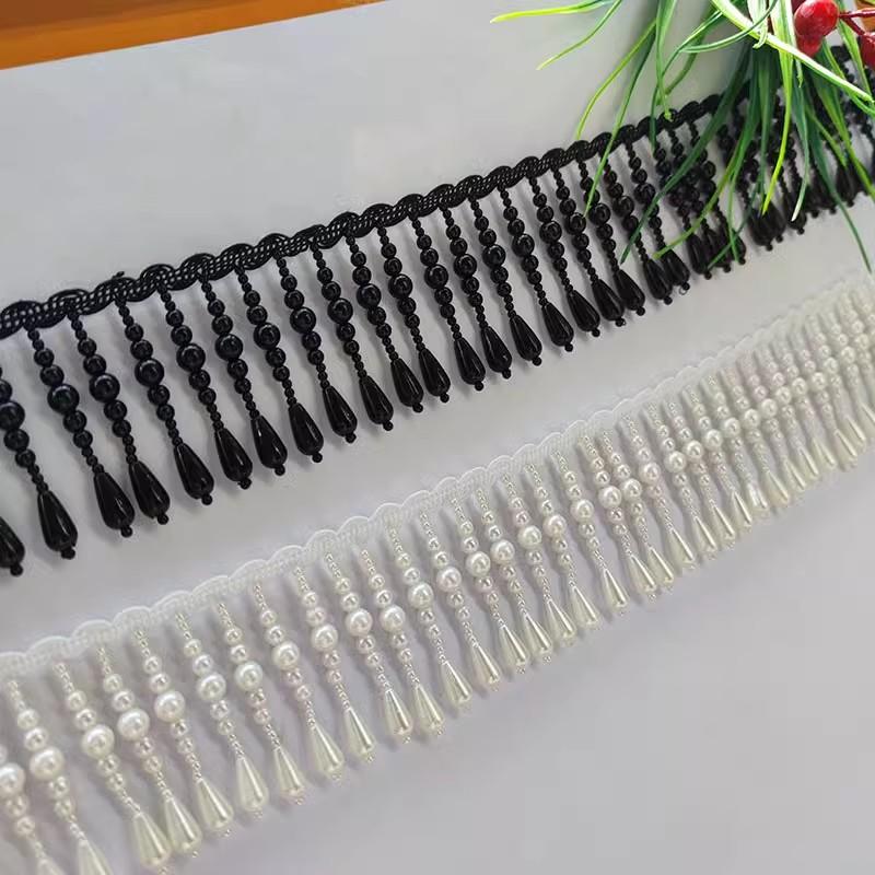 3Yards/Lot White Black Large Water Droplet Pearl Tassel Handmade DIY Lace Trim Wedding Dress Hat Headwear Hanfu Decorative