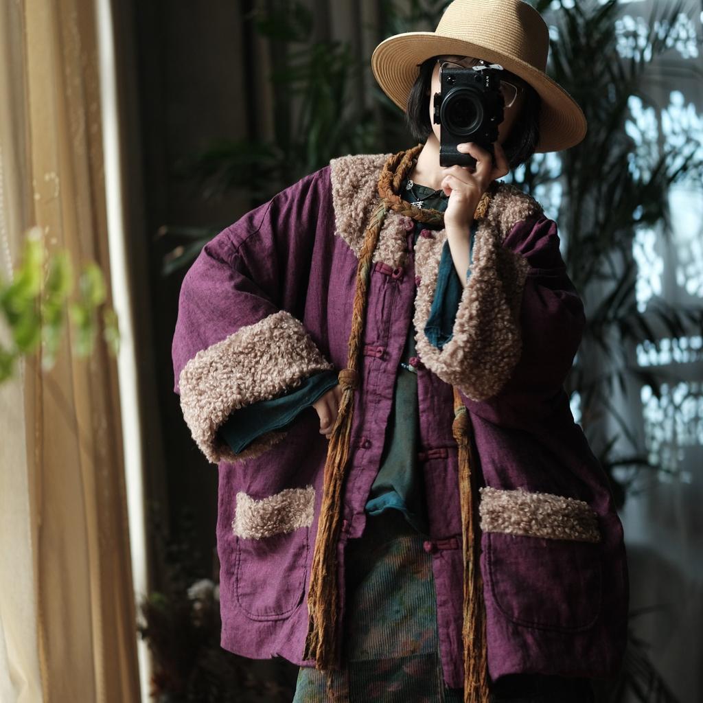 Johnature Women Plaid Khaki Vintage Button Long Sleeve Coats Winter Chinese Style Patchwork Blend Pockets Coats