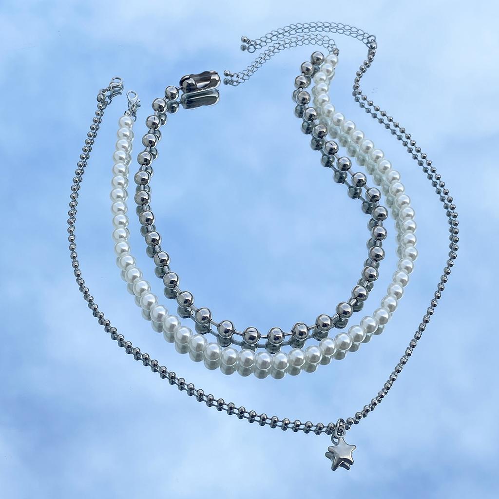 Punk Style Sweet Cool Multi-layer Beaded Stacked Necklace Simple Star Necklace Imitation Pearl