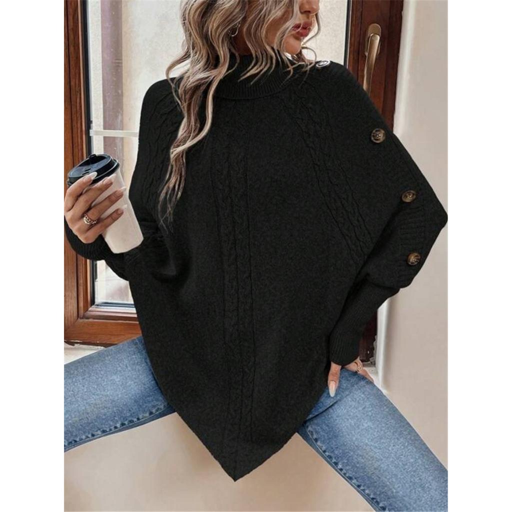 Women's Winter High Collar Asymmetric Hem Cape Sweater, Button Decoration Bat Sleeve Fried Dough Twists Weave Texture